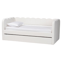 Baxton Studio Palmer Cream Teddy-Bear Fabric Daybed with Rolling Trundle - Scalloped Edge Daybed with Plush Upholstery, Modern Sofa Bed for Bedroom or Guest Room, Twin